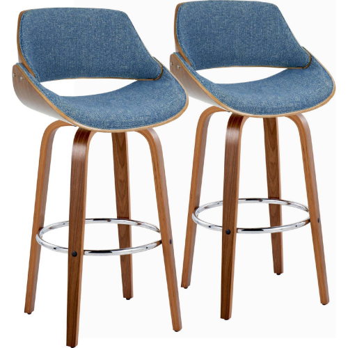 Fabrizzi 30" Swivel Bar Stool in Walnut Wood & Blue Fabric with Chrome Footrest (Set of 2)